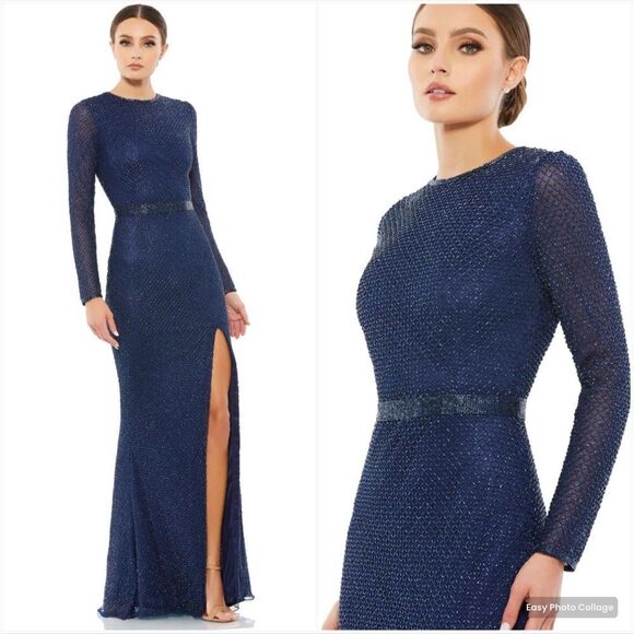 Mac Duggal 5056 Womens Blue BEADED HIGH NECK LONG SLEEVE GOWN WITH DETAILED BELT - Picture 1 of 15